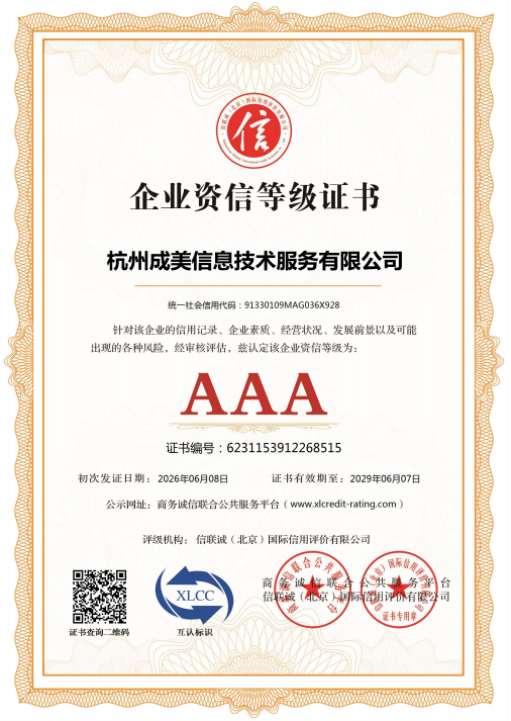 成美AI AAA级信用证书